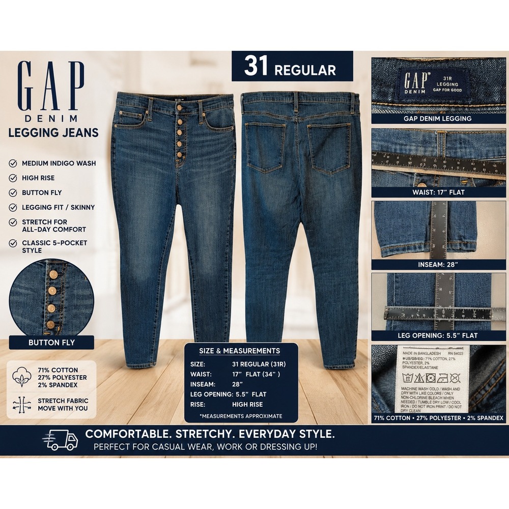Gap Denim Legging Jeans Womens 31 Regular High Rise Button Fly Med Indigo Skinny
